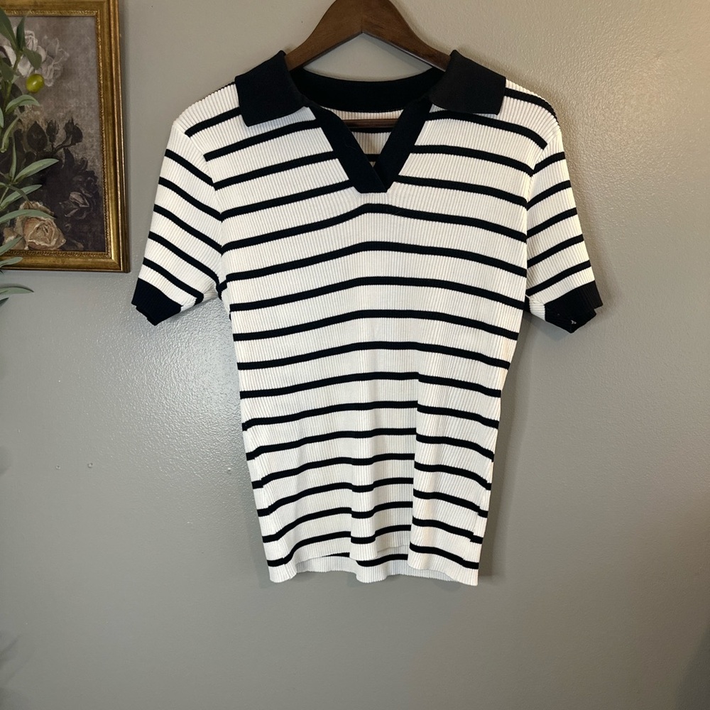 Ivicoer Black White Striped Ribbed Knit Polo Top XL French Girl Coastal Preppy - Picture 2 of 7